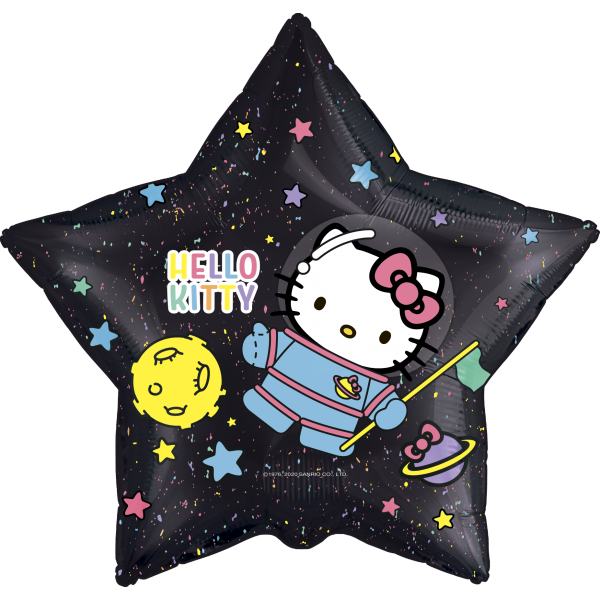Шар (22''/56 см) Звезда, Hello Kitty, С Днем Рождения!, Черный