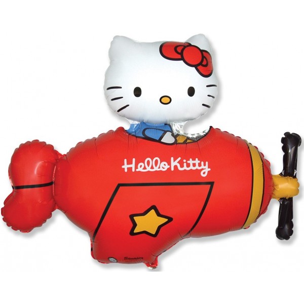 Шар (36''/91 см) Фигура, Hello Kitty, Котенок в самолете, Красный