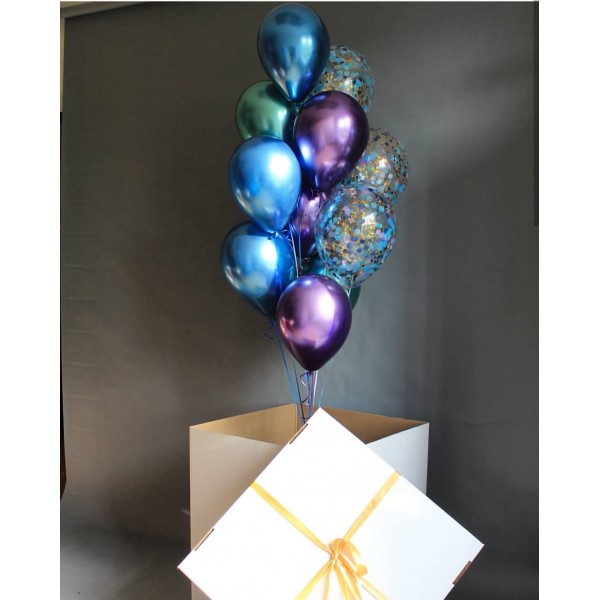 Коробка-сюрпиз с воздушными шарами Хром, Конфетти, Ассорти